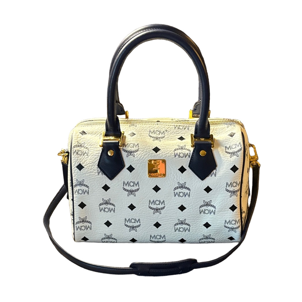 MCM Visetos White Boston Bag with Strap Leather Satchel